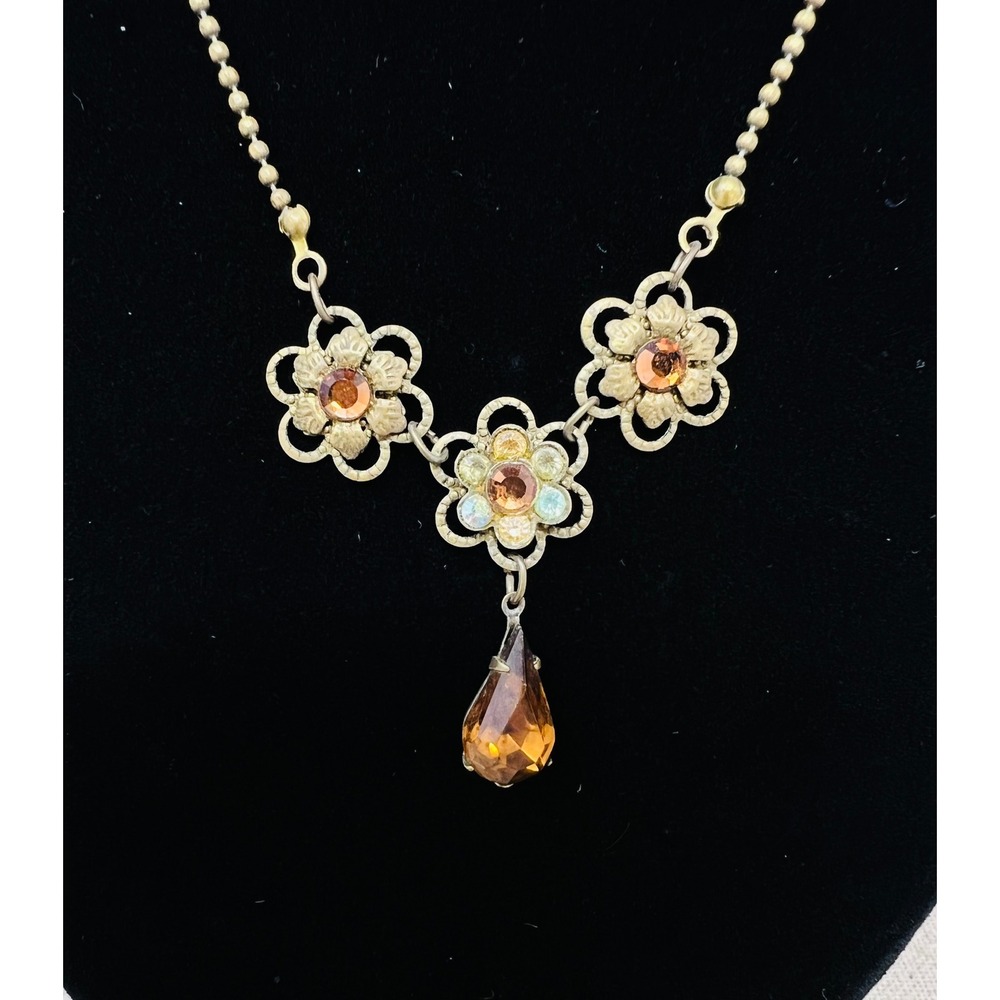 Michal Negrin Vintage Floral Crystal Drop Necklace Antiqued Brass Amber Glass